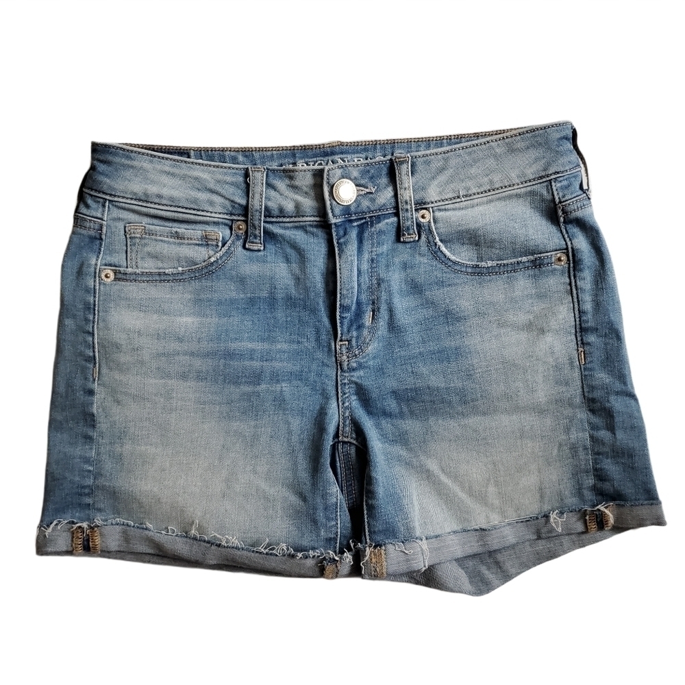 American Eagle Outfitters Midi Cuffed Stretch Light Denim Shorts